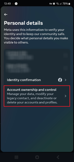 بخش Account ownership and control اینستاگرام