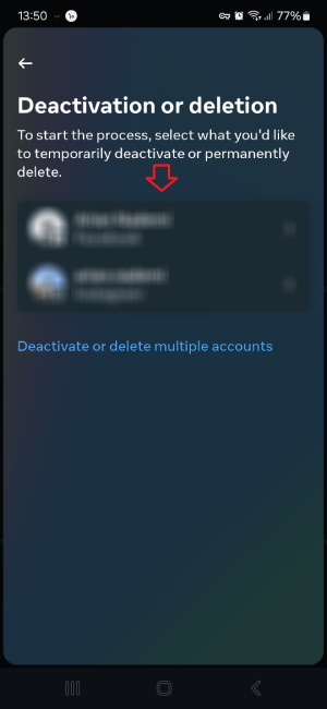 انتخاب اکانت برای حذف دائمی در اینستاگرام