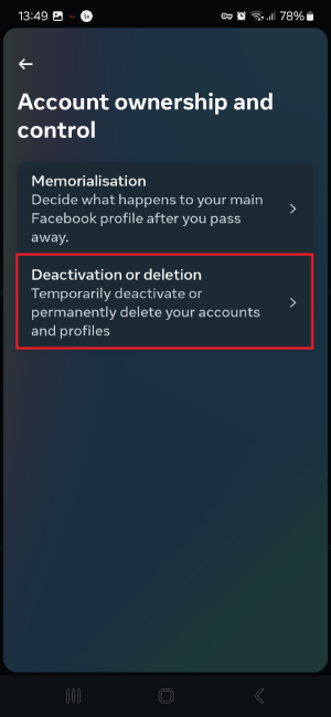 بخش Deactivation or deletion اینستاگرام