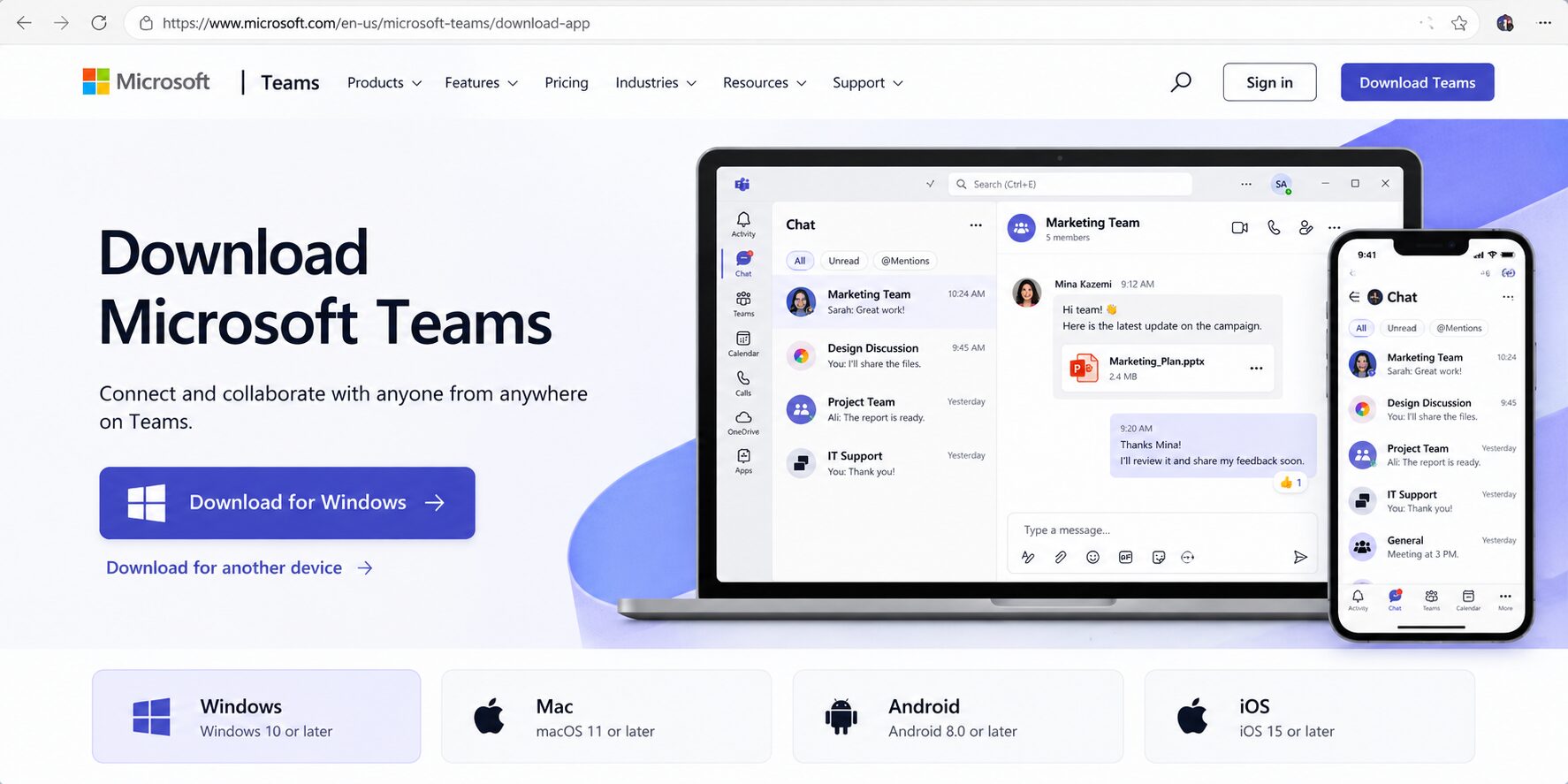 آموزش کامل استفاده از مایکروسافت تیمز 3 صفحه دانلود Microsoft Teams و دکمه دریافت نسخه ویندوز.